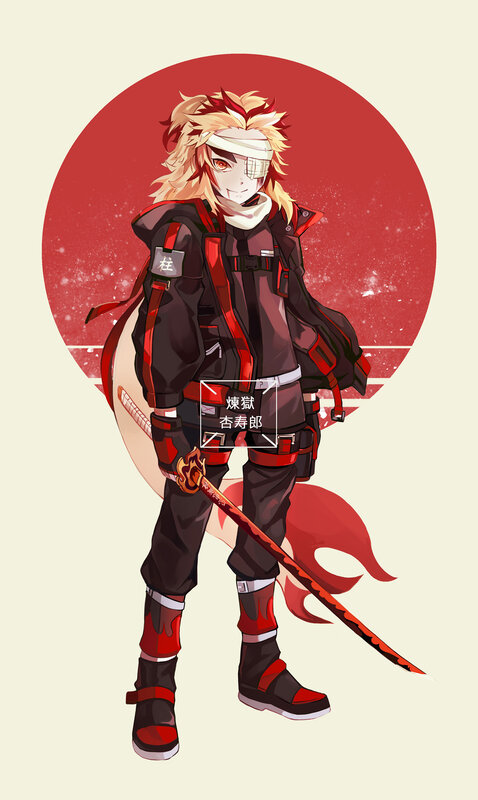Anime Character with Sword — Red, Dramatic, Digital Art, Mask, Red Circle