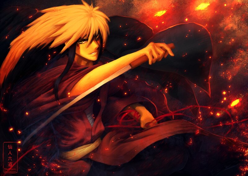 Anime Character with Sword — Red, Dramatic, Fire, Cloak