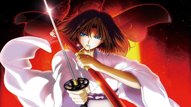Anime Character with Sword — Red, Dramatic, Kimono, Blue Eyes