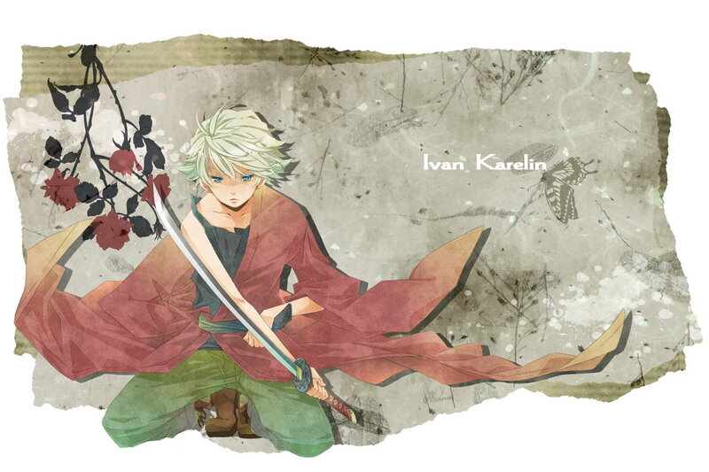 Anime Character with Sword — Red, Dramatic, Manga, Butterfly, Flowers