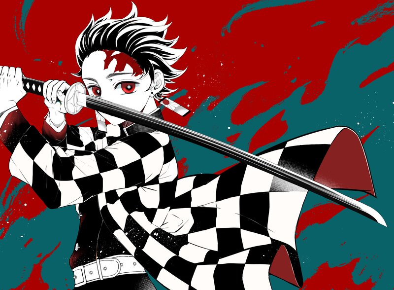 Anime Character with Sword — Red, Dramatic, Manga, Checkered Pattern