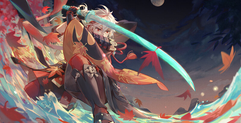 Anime Character with Sword — Red, Dramatic, Night, Digital Art, Falling Leaves