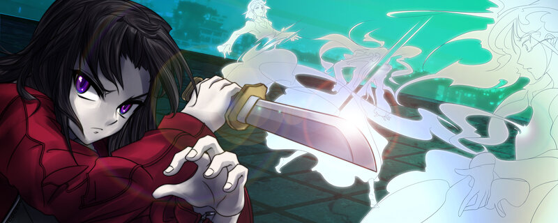 Anime Character with Sword — Red, Dramatic, Night, Digital Art, Ghostly Figure