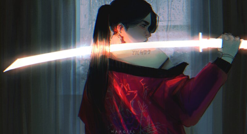 Anime Character with Sword — Red, Dramatic, Night, Digital Art, Long Hair