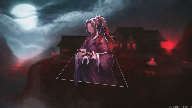 Anime Character with Sword — Red, Dramatic, Night, Digital Art, Moon