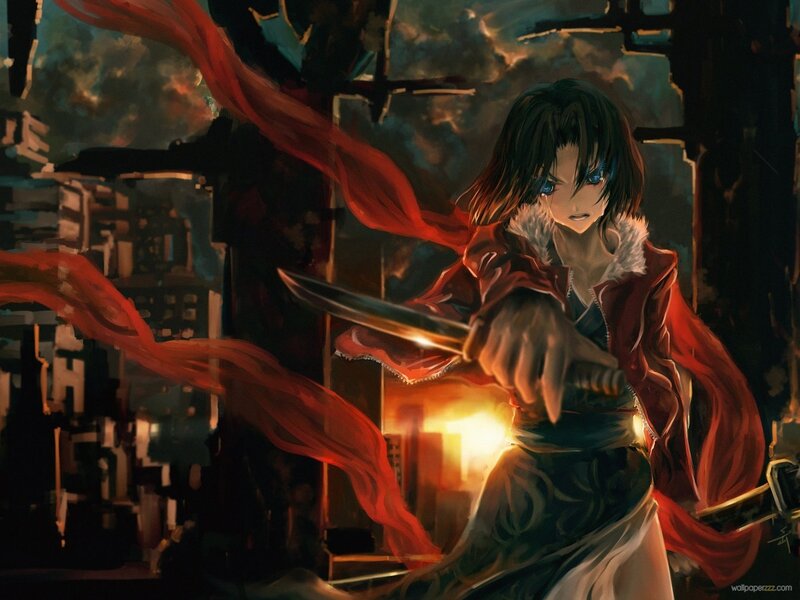 Anime Character with Sword — Red, Dramatic, Night, Digital Art, Red Scarf, City