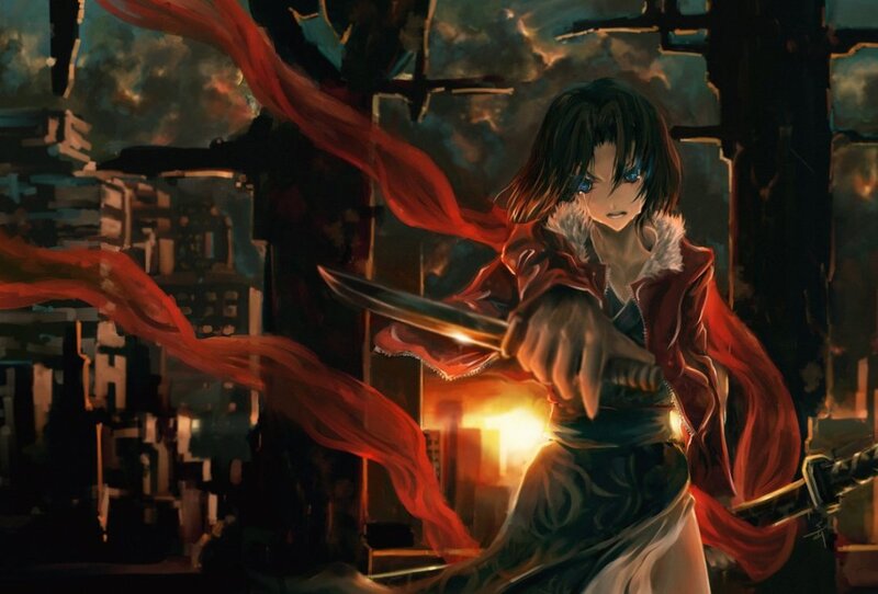 Anime Character with Sword — Red, Dramatic, Night, Manga, Red Scarf