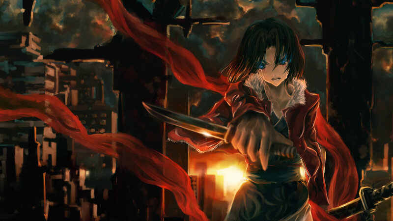 Anime Character with Sword — Red, Dramatic, Night, Red Scarf