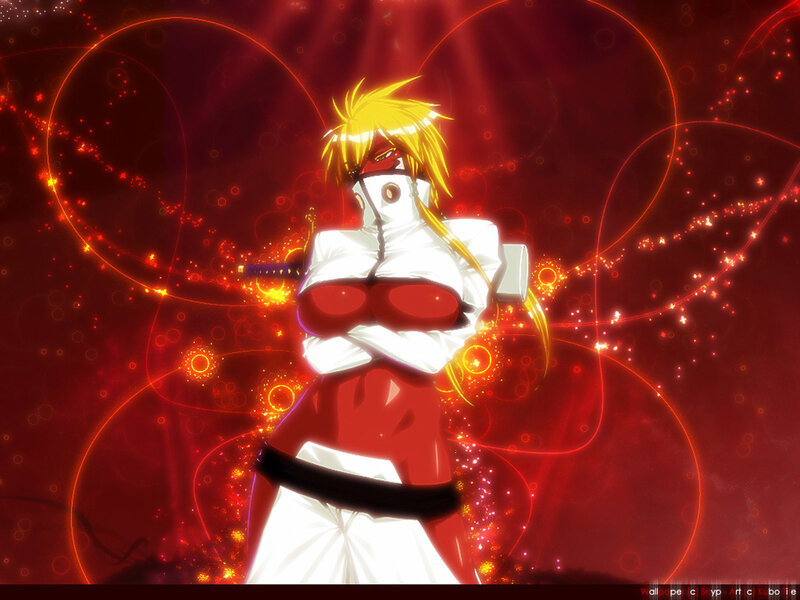 Anime Character with Sword — Red, Dramatic, Red Background, Glowing Circles