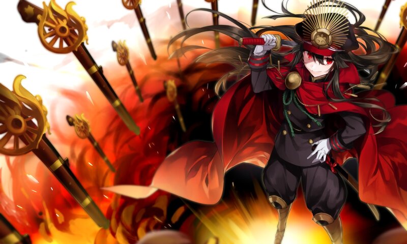 Anime Character with Sword — Red, Dramatic, Red Cape, Fire