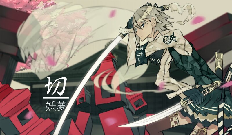 Anime Character with Sword — Red, Dramatic, Spring, Cherry Blossoms
