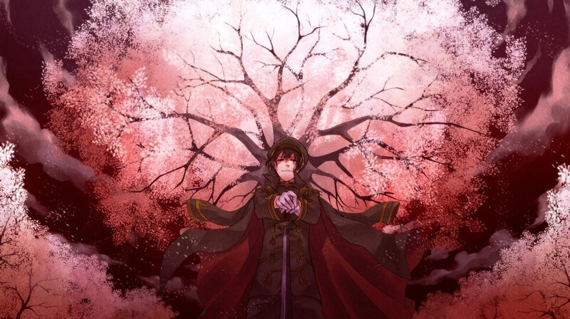 Anime Character with Sword — Red, Dramatic, Spring, Tree