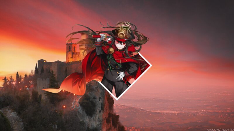 Anime Character with Sword — Red, Dramatic, Sunset, Digital Art, Castle