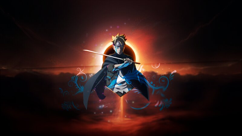 Anime Character with Sword — Red, Dramatic, Sunset, Digital Art, Cloak