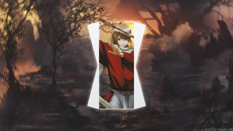 Anime Character with Sword — Red, Dramatic, Sunset, Forest