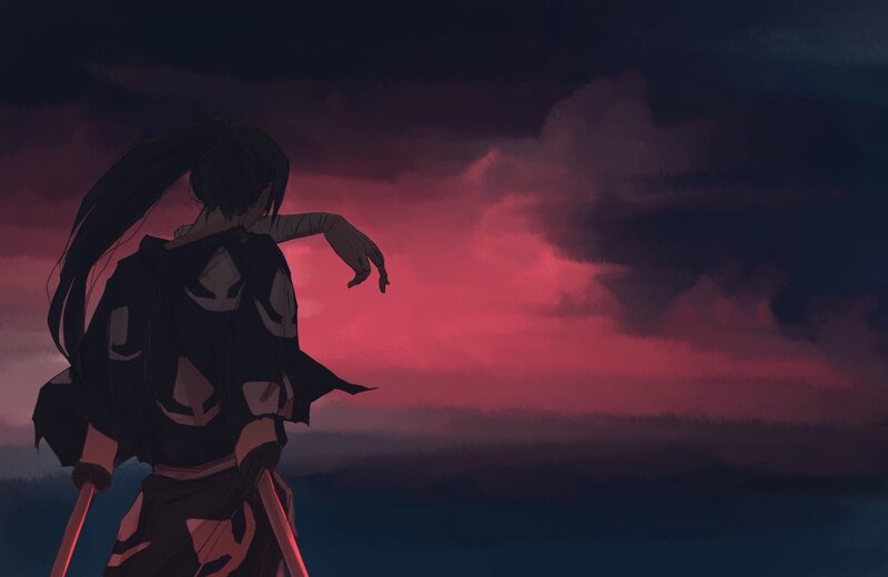 Anime Character with Sword — Red, Dramatic, Sunset, Long Hair