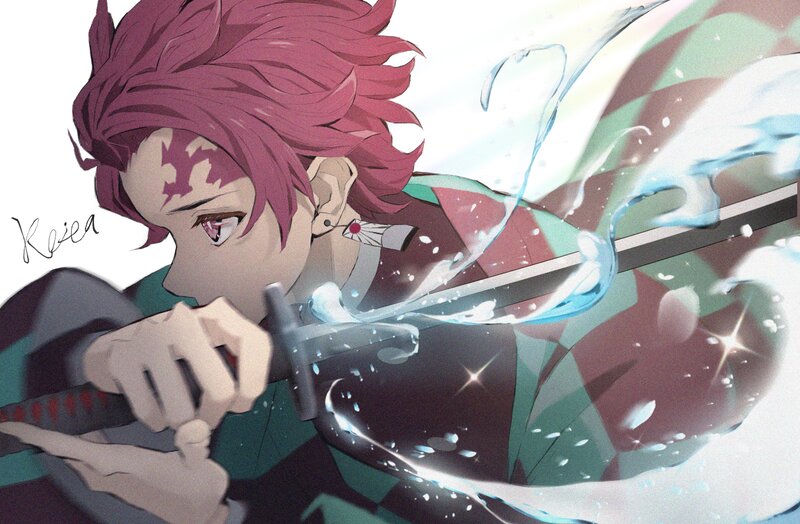 Anime Character with Sword — Red, Dramatic, Water
