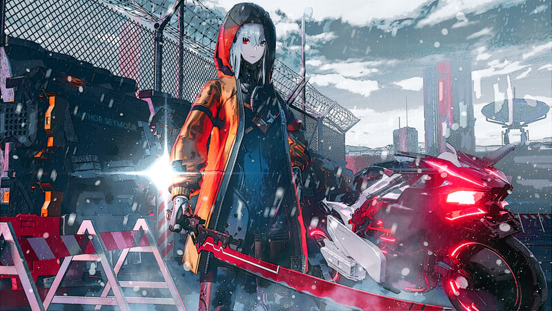 Anime Character with Sword — Red, Dramatic, Winter, Digital Art