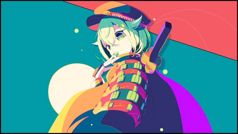 Anime Character with Sword — Teal, Dramatic, Digital Art, Hat
