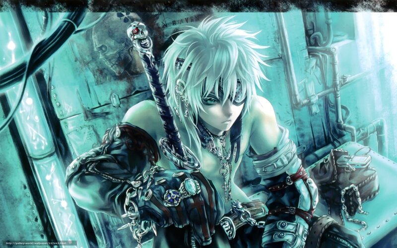 Anime Character with Sword — Teal, Dramatic, Digital Art, Skull, Chains
