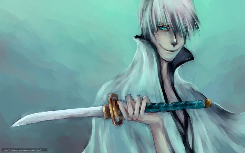 Anime Character with Sword — Teal, Dramatic, Digital Art, White Hair