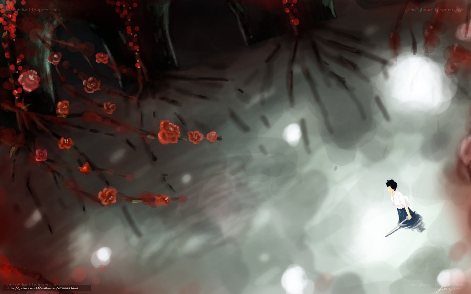 Anime character with sword under blossoms