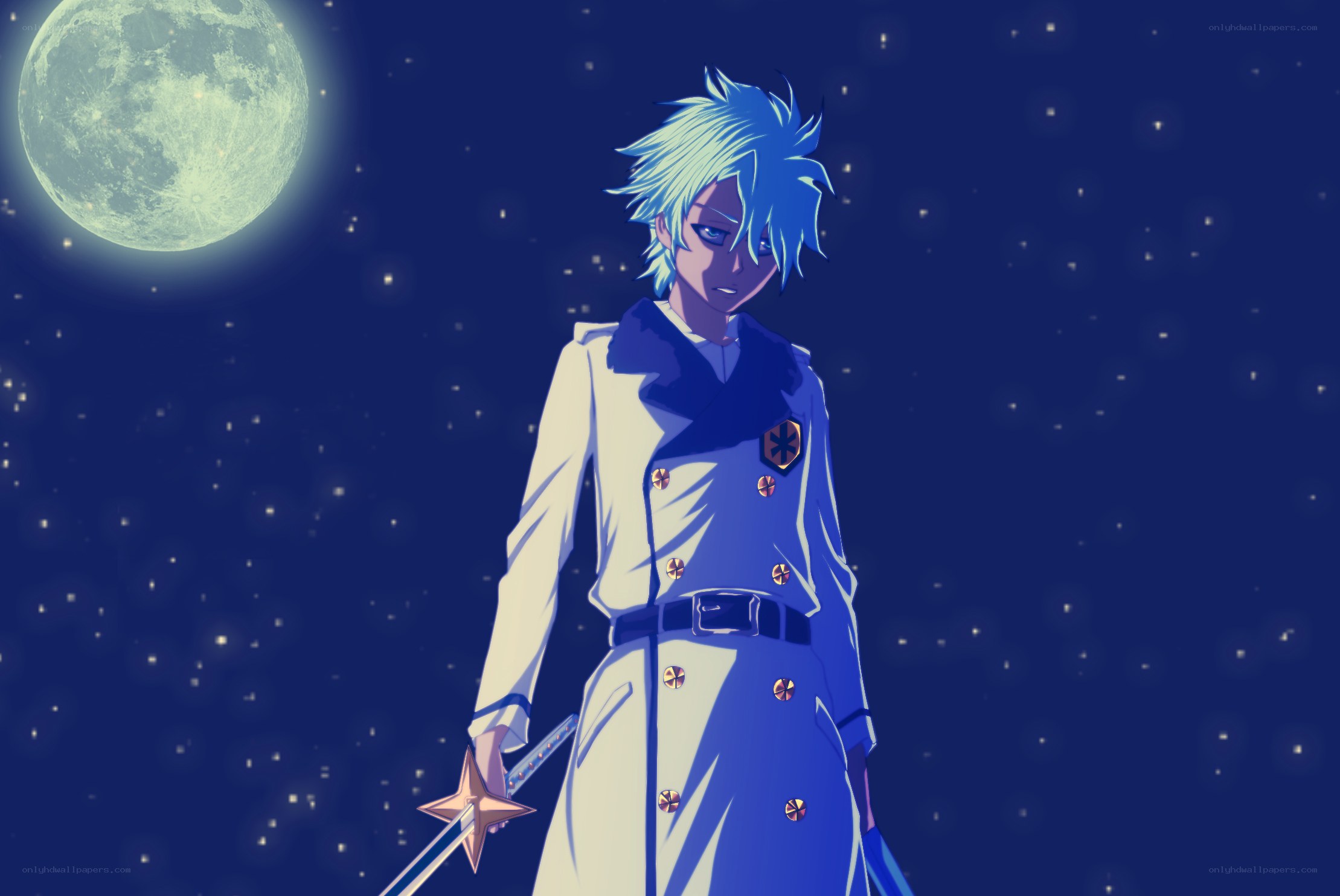 anime character with sword under moon