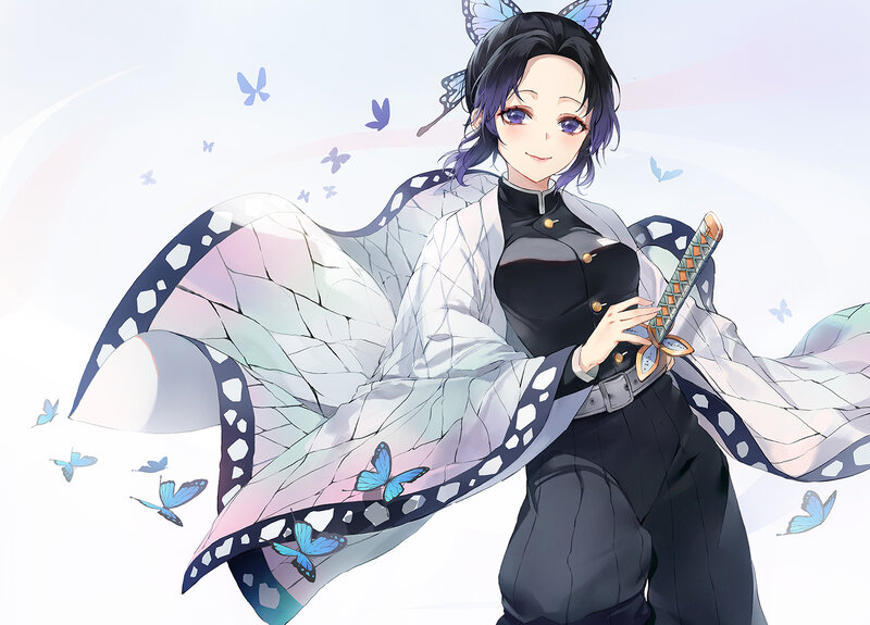 Anime Character with Sword — White, Calm, Butterflies