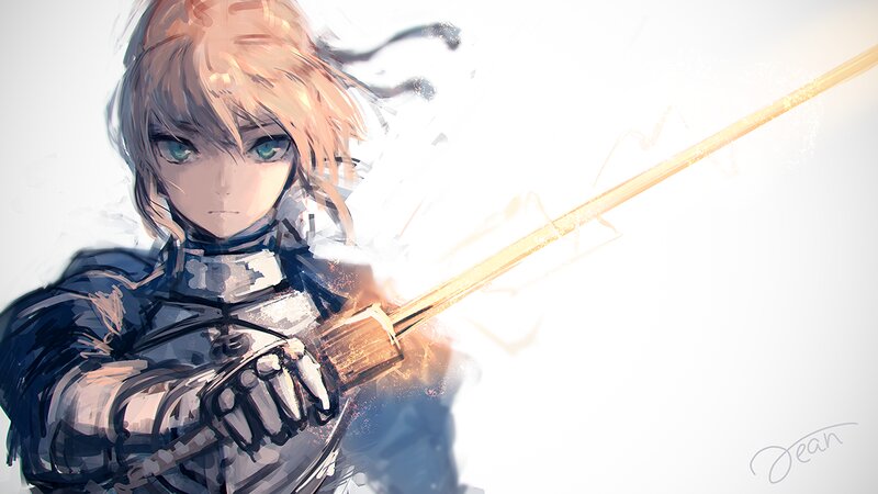 Anime Character with Sword — White, Dramatic, Digital Art, Armor, Green Eyes