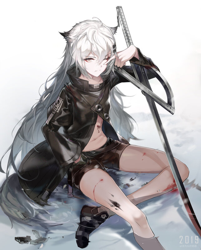 Anime Character with Sword — White, Dramatic, Digital Art, Blood, Cat Ears