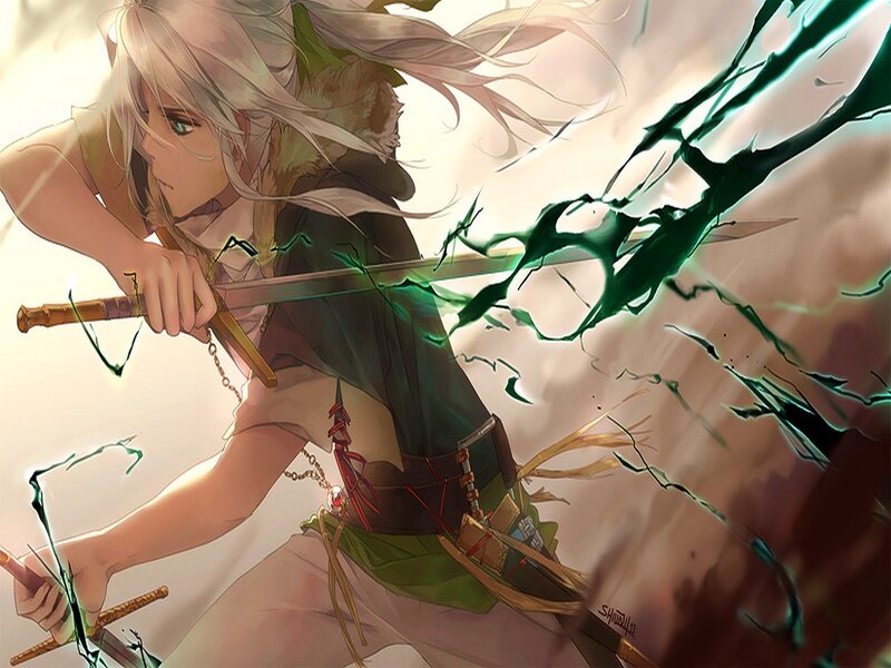 Anime Character with Sword — White, Dramatic, Digital Art, Green Energy