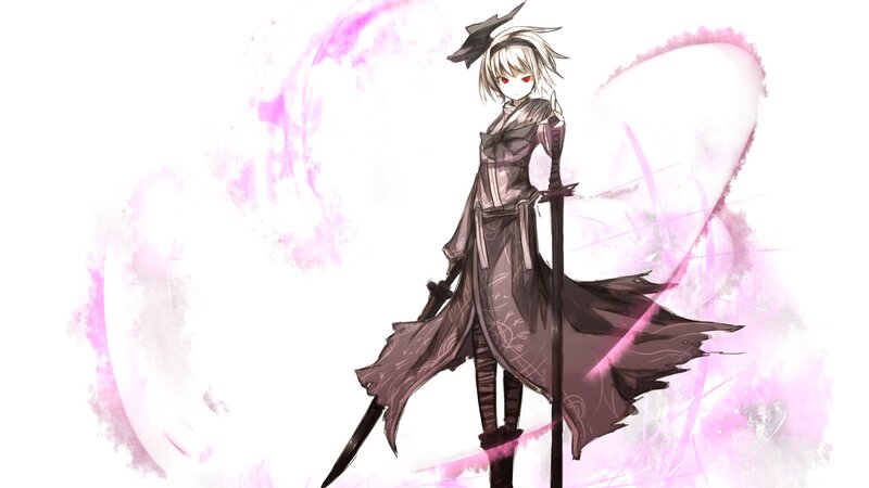 Anime Character with Sword — White, Dramatic, Digital Art, Long Coat, Red Eyes