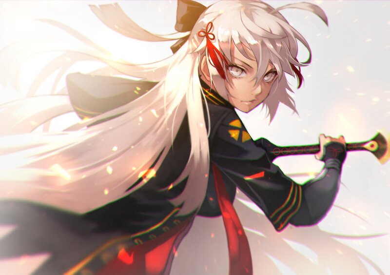Anime Character with Sword — White, Dramatic, Digital Art, Long Hair