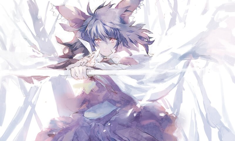 Anime Character with Sword — White, Dramatic, Digital Art, Purple Hair