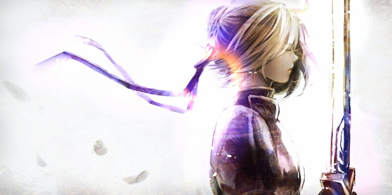 Anime Character with Sword — White, Dramatic, Digital Art, Ribbon