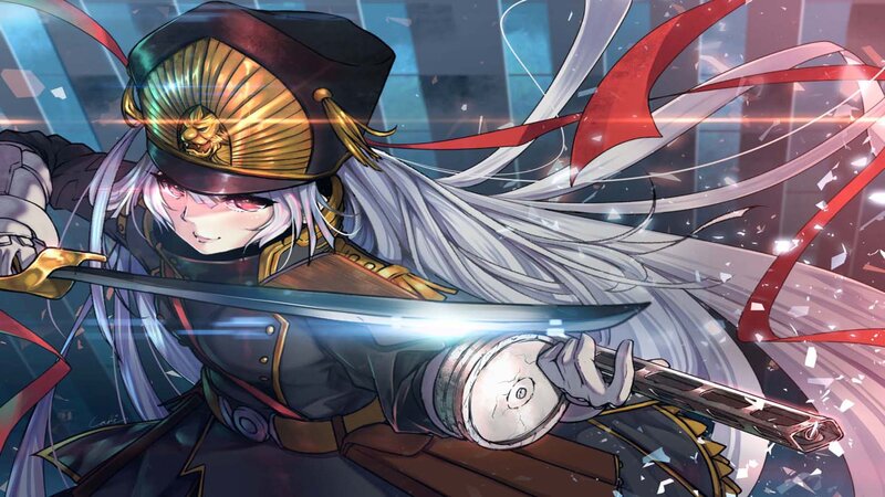 Anime Character with Sword — White, Dramatic, Hat