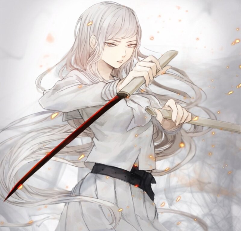 Anime Character with Sword — White, Dramatic, Manga, Long Hair