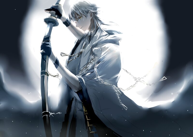 Anime Character with Sword — White, Dramatic, Night, Digital Art, Chains