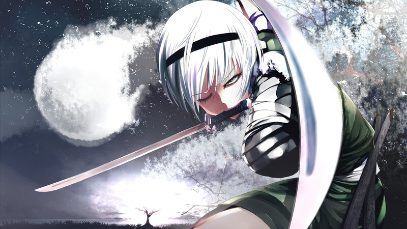 Anime Character with Sword — White, Dramatic, Night, Moon, Tree