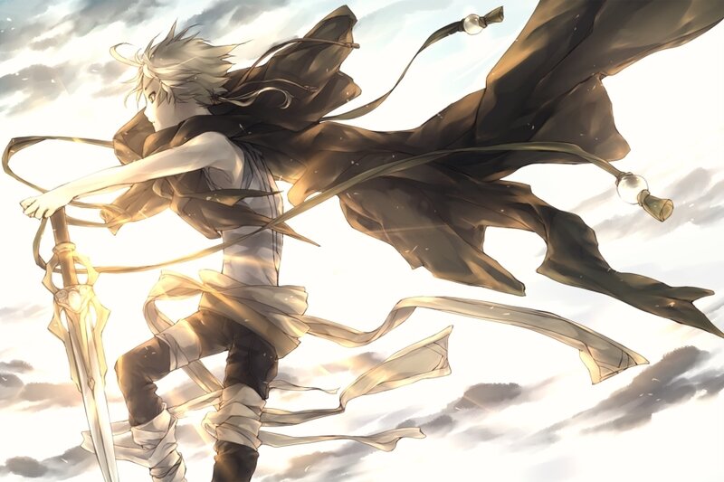 Anime Character with Sword — White, Dramatic, Sunrise