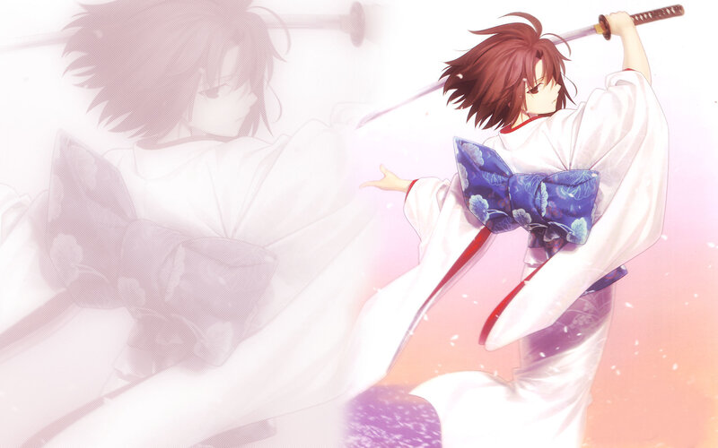 Anime Character with Sword — White, Dramatic, Sunset, Kimono