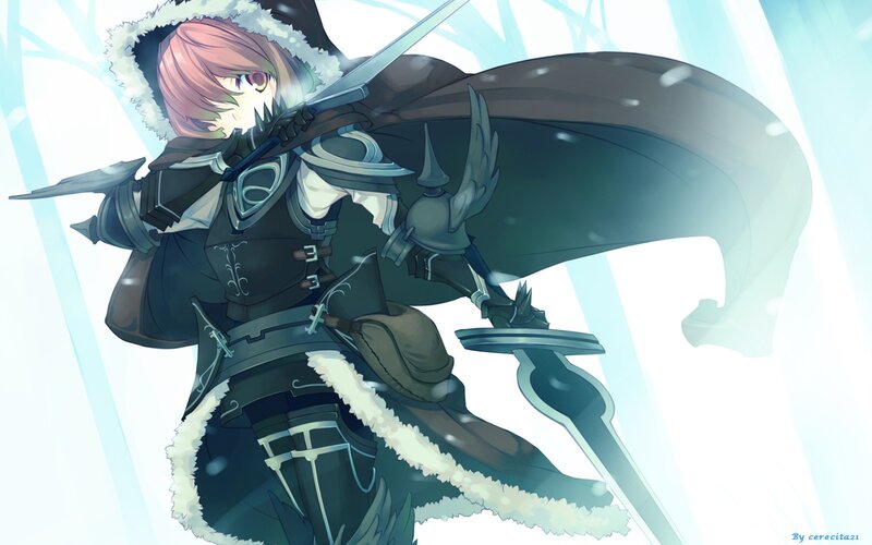 Anime Character with Sword — White, Dramatic, Winter, Digital Art