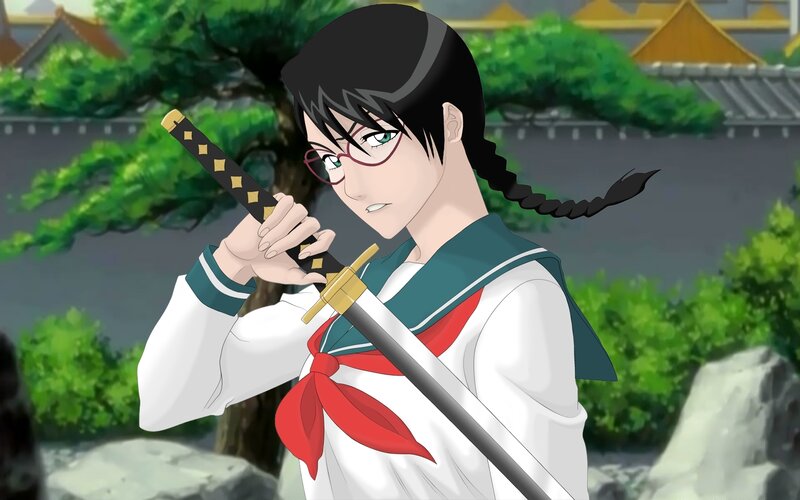 Anime Character with Sword — White, Serious, Afternoon