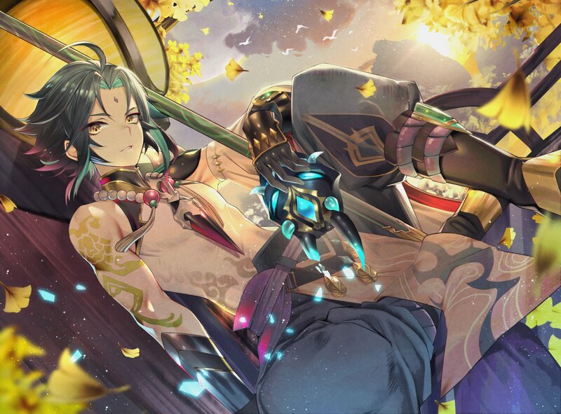 Anime Character with Sword — Yellow, Dramatic, Autumn