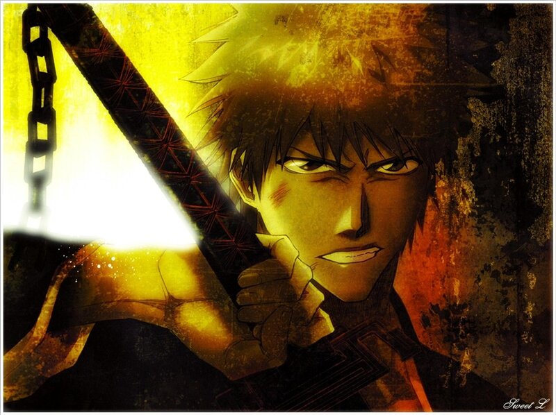 Anime Character with Sword — Yellow, Dramatic, Chain