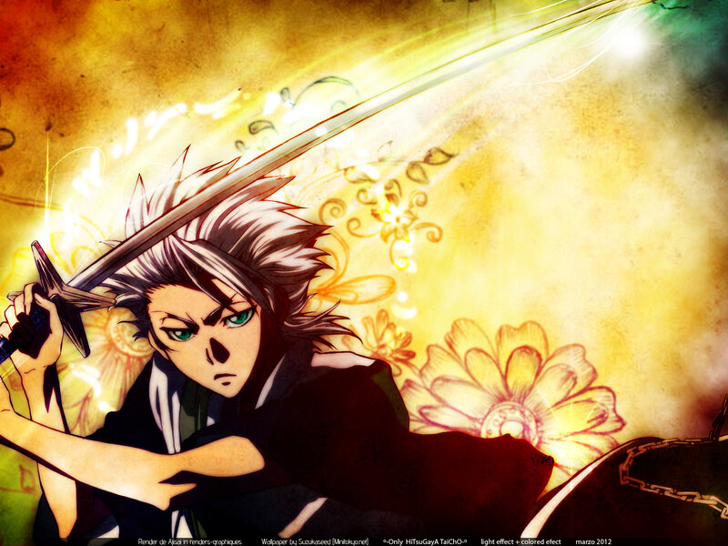 Anime Character with Sword — Yellow, Dramatic, Flower Patterns