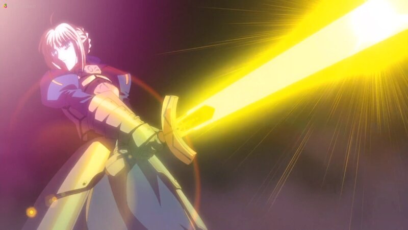 Anime Character with Sword — Yellow, Dramatic, Light Beam