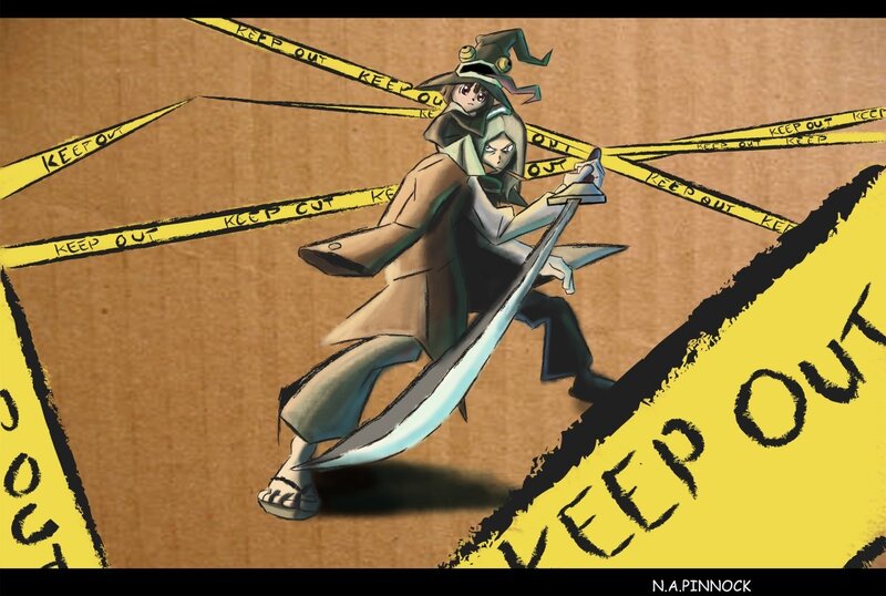 Anime Character with Sword — Yellow, Dramatic, Manga, Caution Tape