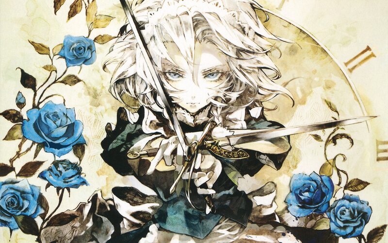 Anime character with swords and blue roses