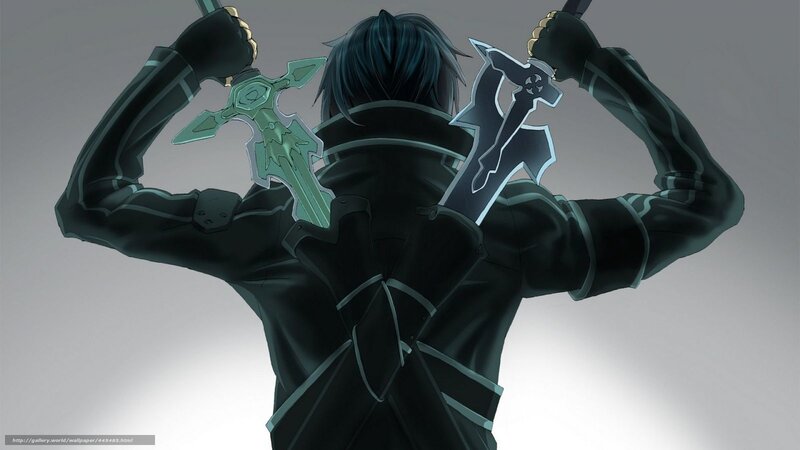 Anime Character with Swords — Black, Dramatic, Back View, Black Coat